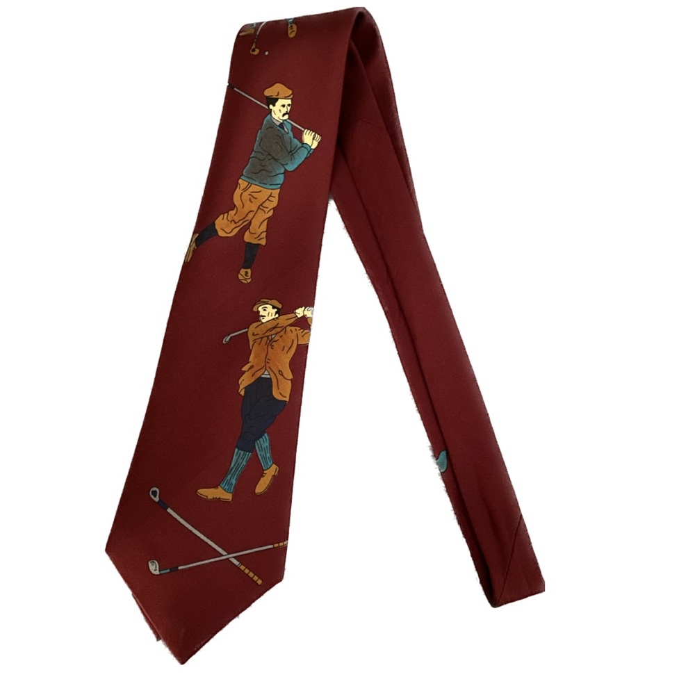 Ferrell Reed for Johnston & Murphy tie, maroon golfing pattern.